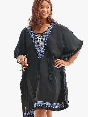Swimsuits For All Black Embroidered Tassel V-Neck Swim Coverup